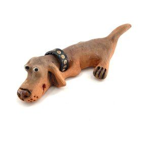 VTG Handmade Clay Terracotta Dachshund Hound Dog Figurine W/ Leather Collar 4''